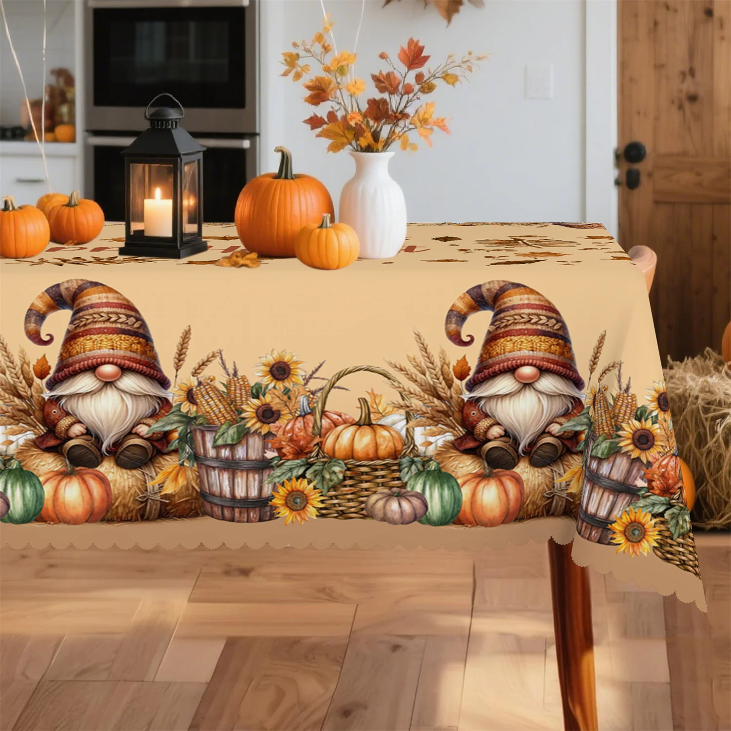 Pumpkin, sunflower, corn, dwarf tree, wooden barrel, grass basket, autumn tablecloth - 1 packzyc