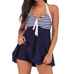 Maillot de bain vintage deux pièces, grande taille, tenue de bain avec robe, col licou, tankini, rayé, push up, short de plage