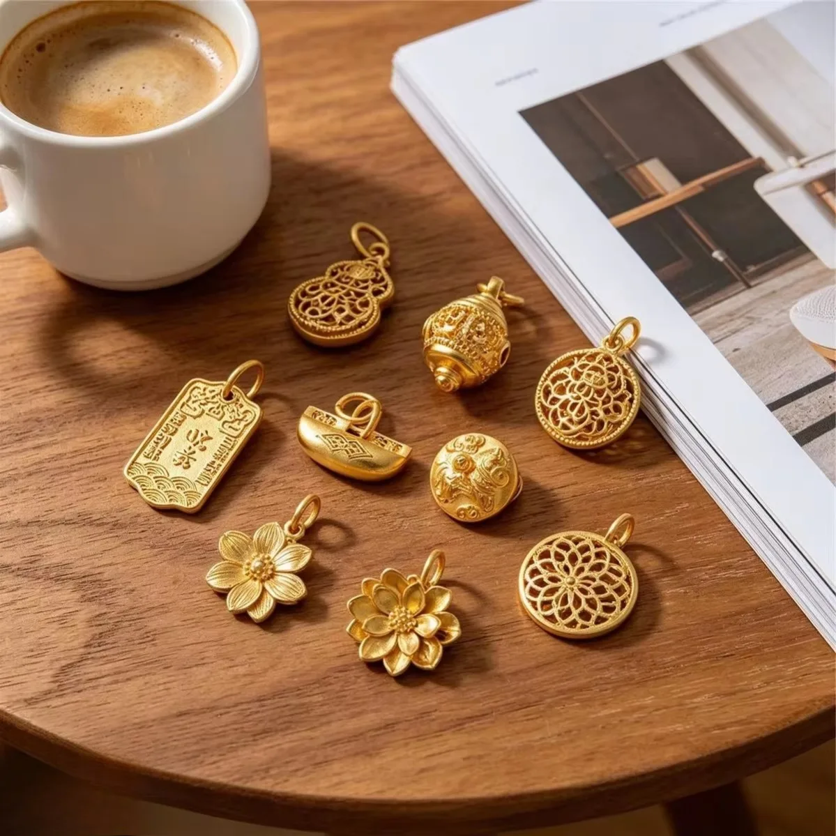 Strong Anti-fade Thick Sand Gold Plated Hollow Filigree Gourd Vajra Ruyi Pendants DIY Handmade Auspicious Vintage Accessories
