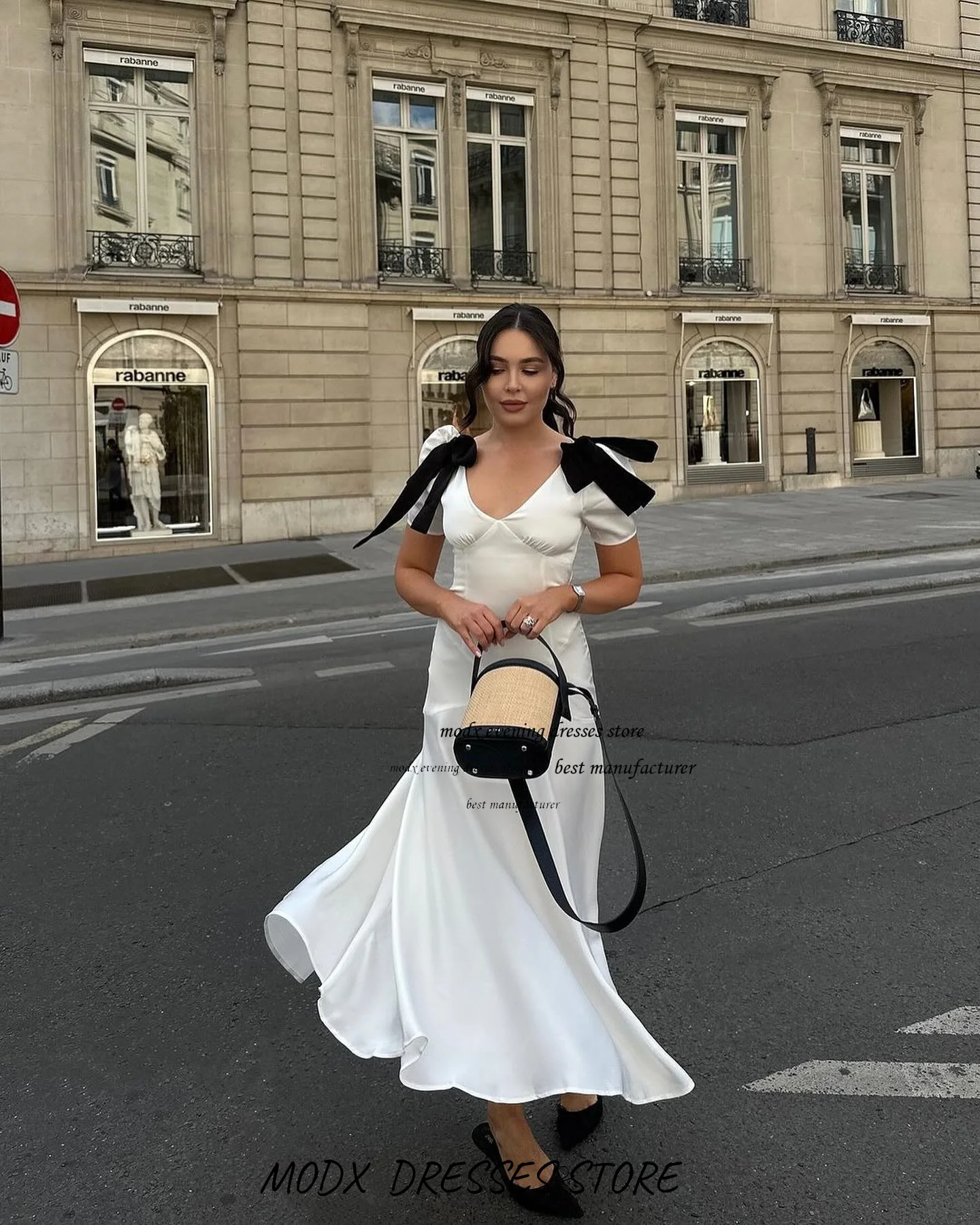 MODX A-Linien-Kleid aus weißem Satin im französischen Stil mit schwarzen Schleifen-Schulterträgern, elegantes Midikleid für Fotoshooting, Date, Sommerparty