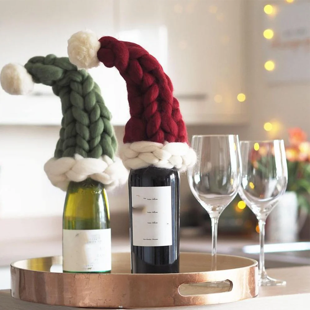 

Christmas Bottle Cosy Set Xmas Gift Chunky knitted Santa Hat Cosy Giant Knitted Handmade Wine Bottle Home Decorations