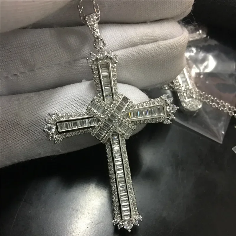 

Handmade Long Cross pendant 925 Sterling Silver Simulated Diamond cross Pendant necklace for Women Men Party Wedding Jewelry