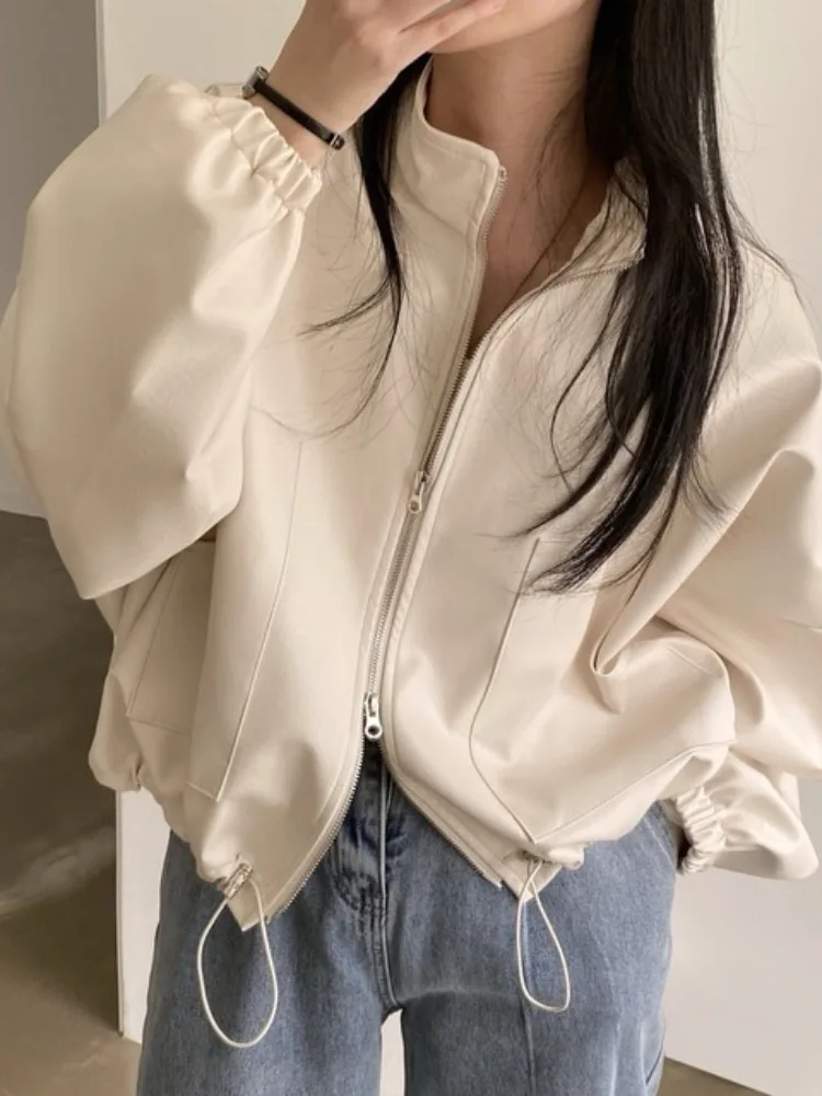 시크한 가을 여성용 바이커 가죽 재킷, 지퍼, 끈, 스탠드 칼라, 큰 캐주얼 디자인, 한국 스타일, 레귤러 핏 코트