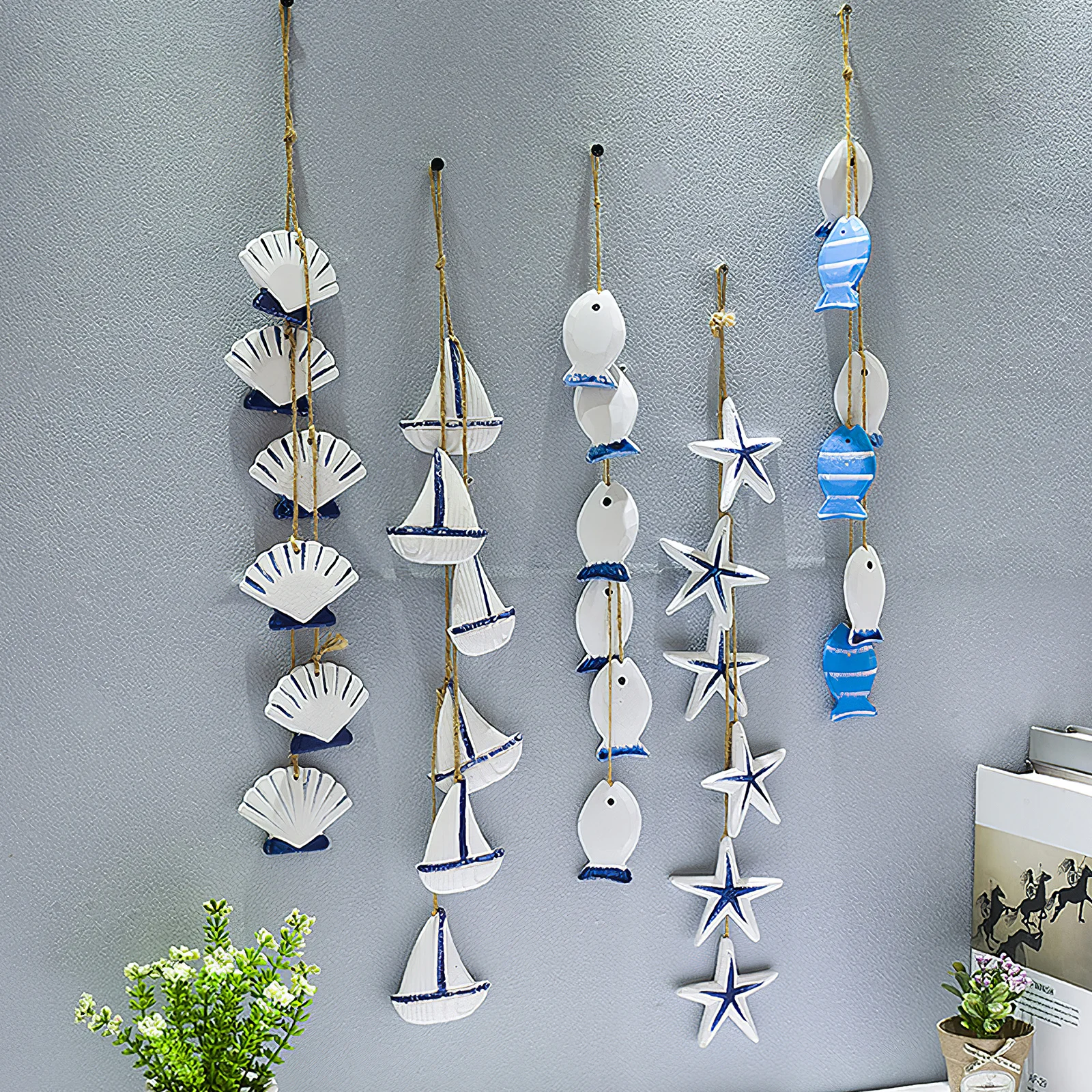 

Hand Painted Wood Pendant Wall Decor Mediterranean Style Nautical Hanging Ornament for House Restaurant Wedding Decor