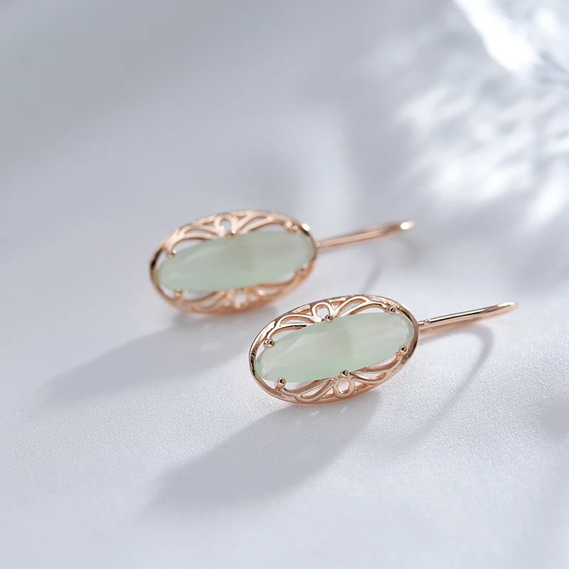 Kienl Hot 585 Rose Gold Color Vintage Long Earring for Women Unique Green Natural Zircon Accessories High Quality Daily Jewelry