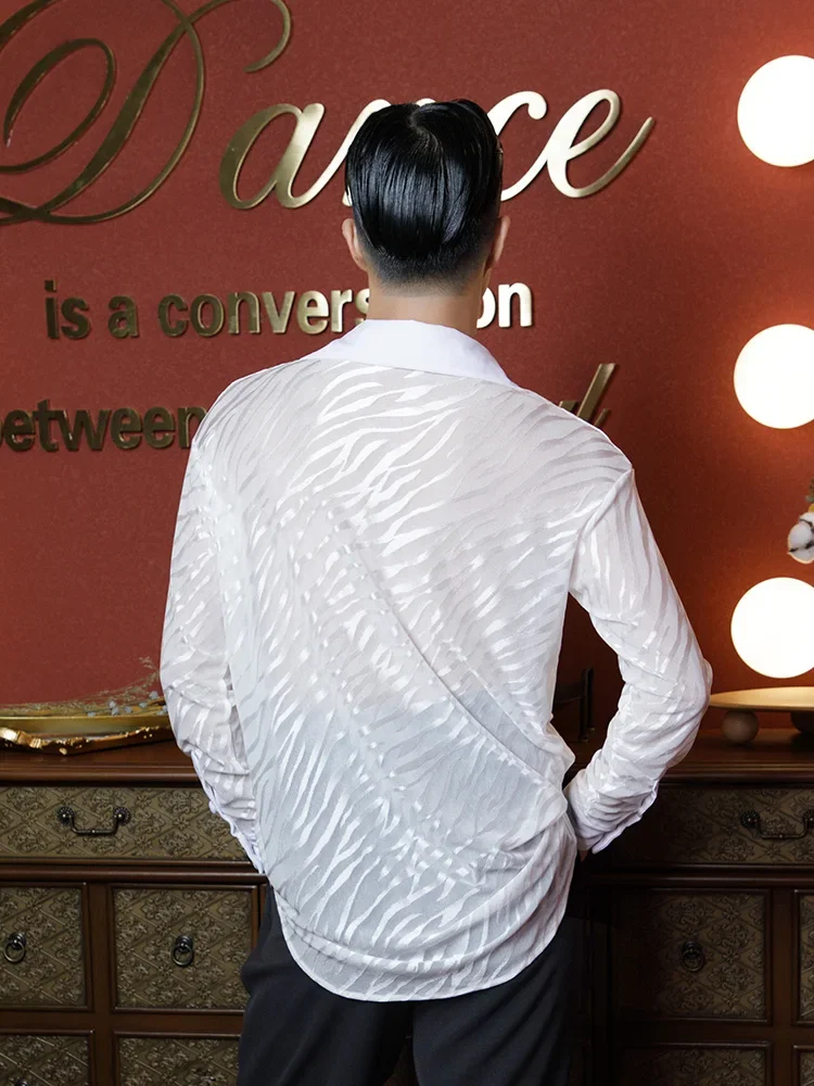ใหม่Latin Dance TopsสําหรับชายZebraรูปแบบตาข่ายเสื้อแขนยาวชายละตินฝึกเสื้อผ้าRumab Latin Danceเสื้อผ้าDQS8610