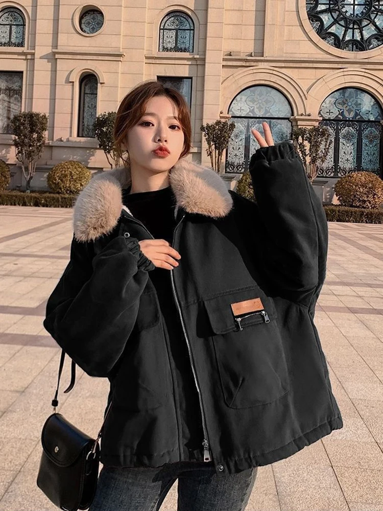 Zoki Winter Warm Red Parkas Women Korean Long Sleeve Thick Plush Coats Fashion Casual Design Female Sweet Elegant Chic Jackets