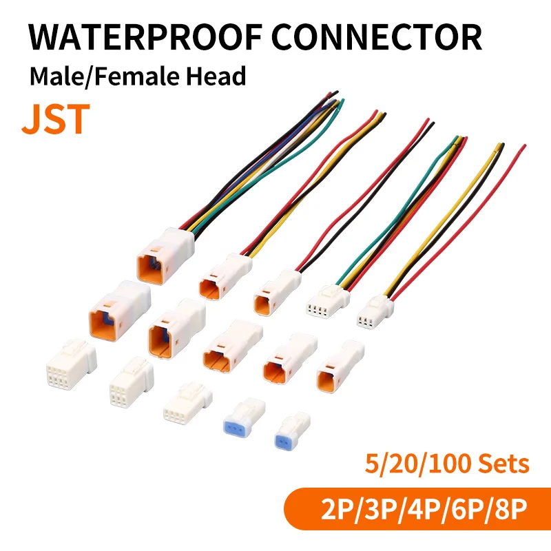 

5/20/100sets Waterproof Jst Connector 2p/3p/4p/6p/8p Connector Plug Socket With 20awg/0.5m ² Wire Harness 02t/02r/03t/03r