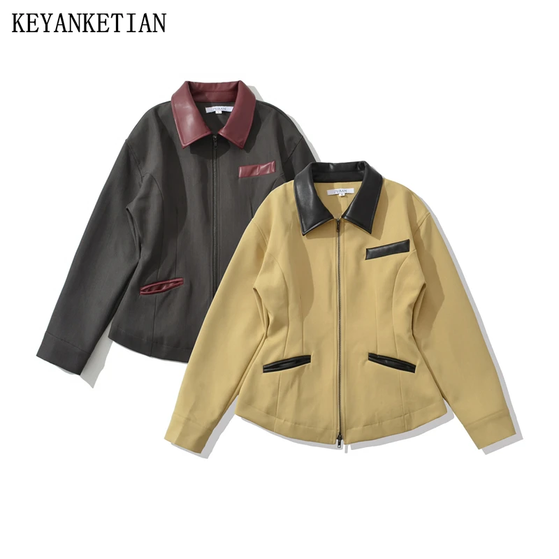 

KEYANKETIAN 2025 Autumn New Street style Women's Leather Decorated Lapel Jacket Cinched Waist Design Pockets Zipper Blazer Top