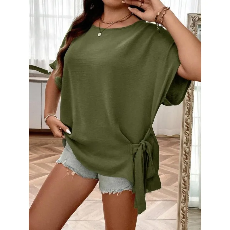 

Plus Size 1XL-5XL Women's Top Solid Color Bat Wing Sleeve Hem Knot Loose Fit Casual Style