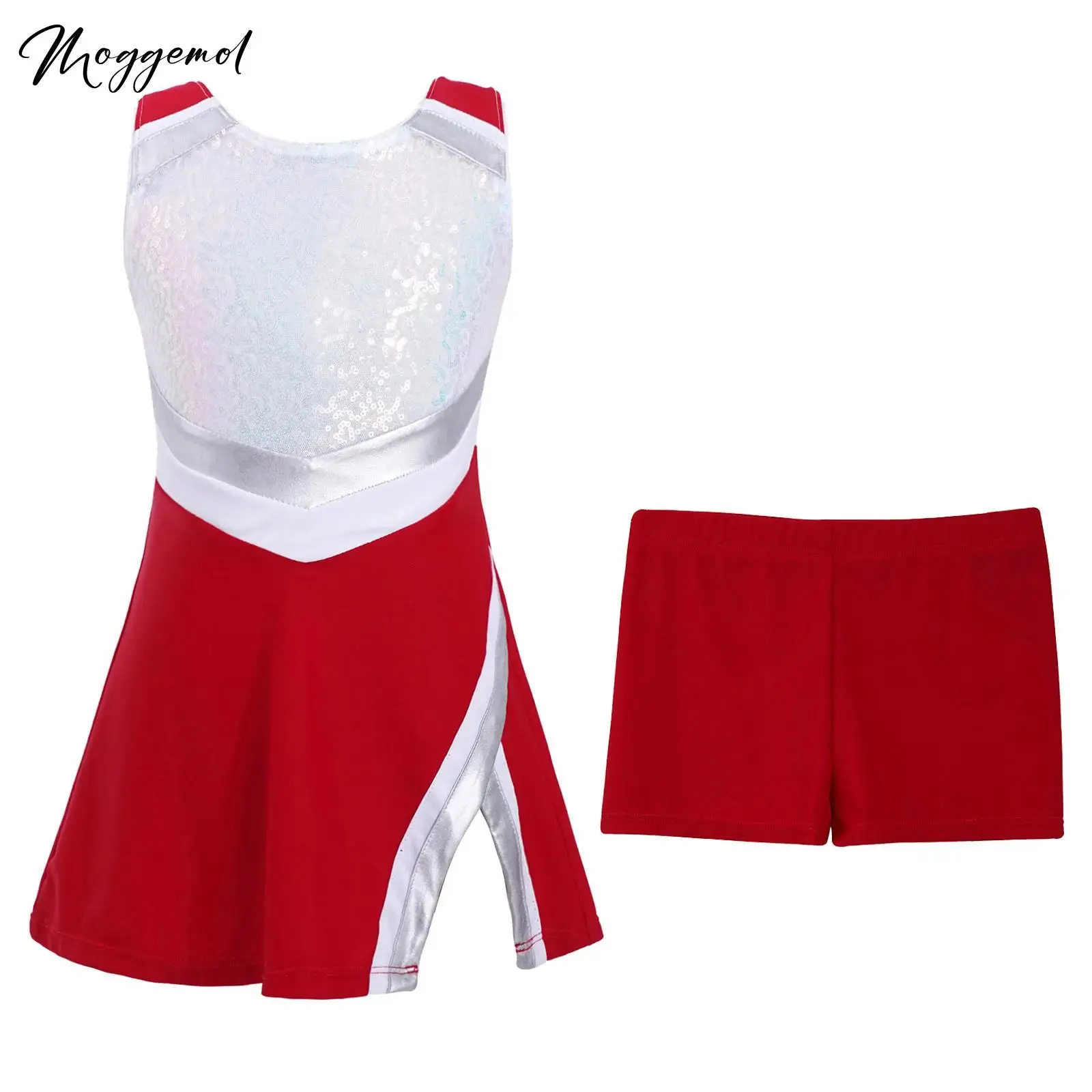 Kids Girl Cheerleading Costumes Uniform Sleeveless Shiny Sequins Dance Dress Holiday Cheer Leader Cosplay Outfit with Shorts