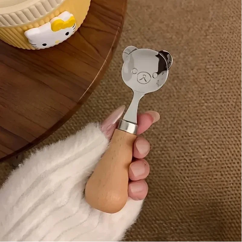 Cuchara Redonda Pequeña Kawaii Japonesa Rilakkuma, Cuchara de Acero 304 con Mango de Madera, Tenedor Vertical, Cuchara para Postre para Niños, Regalo