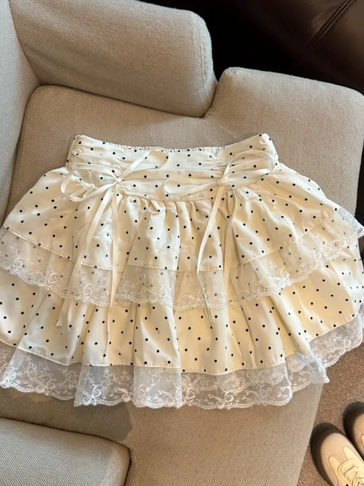 

Korean Style Sweet Polka Dot Bow Tie Half Skirt Summer Girl's Lace Trim Fluffy A-Line Cake Short Skirt High Waist Commute