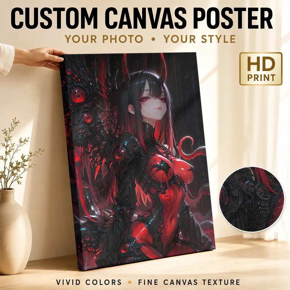 Cyberpunk Demon Girl Canvas Print Poster Personalized Photo Gaming Anime Wall Paintings Decoration for Game Room Ready to Hang