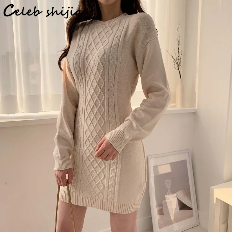 Chic Argyle Sweater Dress Women Winter Back Hollow Out Elegant Woolen Dress Ladies Autumn Korean Runway Woolen Vestido