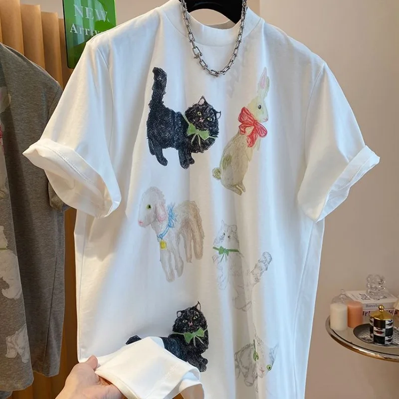 New High Street Vintage Animal Cats magliette stampate moda donna Creative Cotton Tees Summer Soft Loose Lovely Korean Y2K Tops