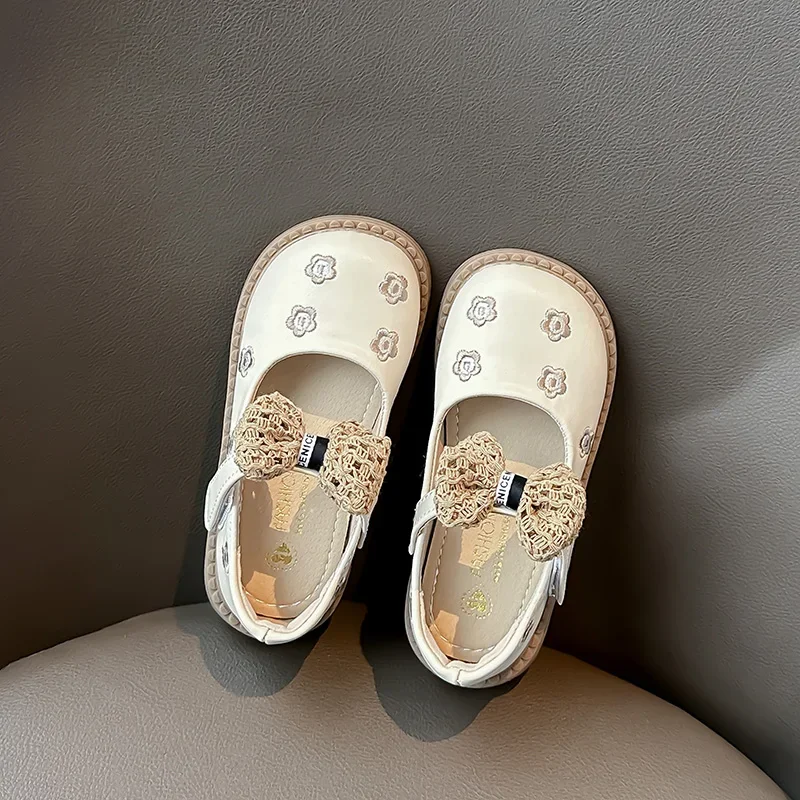 2024 Spring Summer Girls Soft-soled Anti-slip Princess Shoes Baby Breathable PU Leather Bow Children Loafer