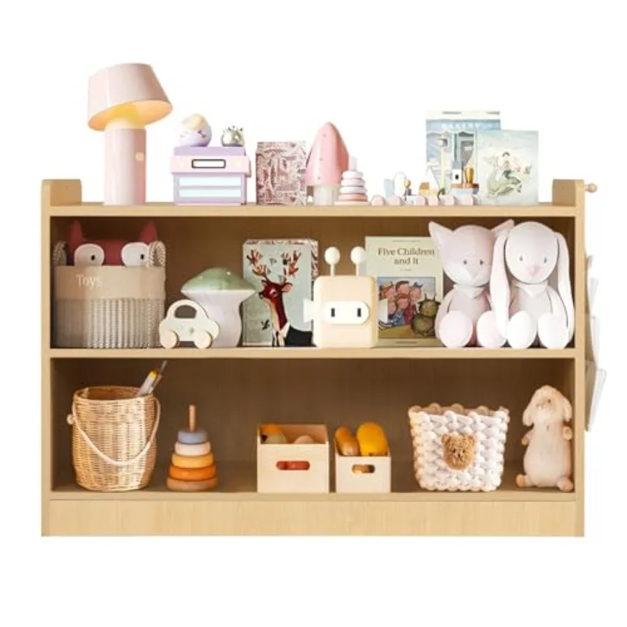

Деревянный стеллаж для книг и игрушек с подвесными карманами для хранения, 2-уровневый, в стиле Монтессори, для спальни