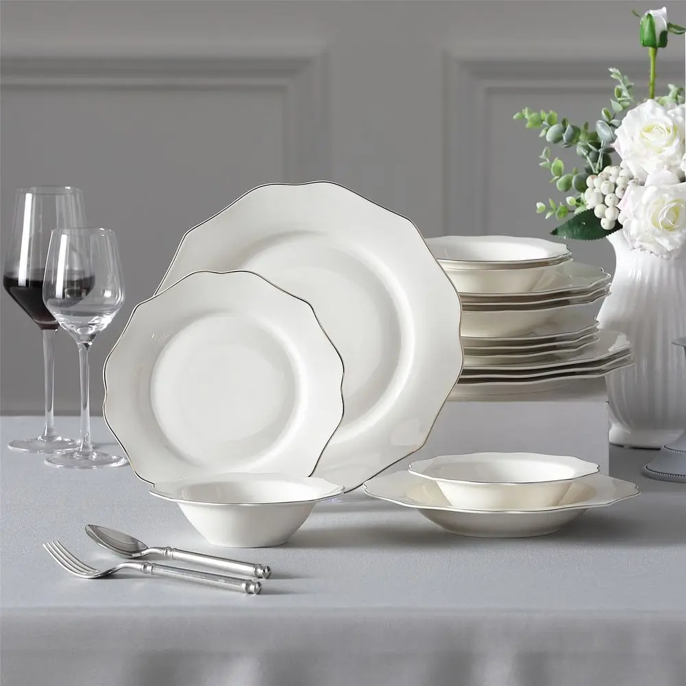 Juego de vajilla de porcelana fina, 16 piezas, platos y tazones blancos con borde dorado, juego de platos redondos para postre y pasta