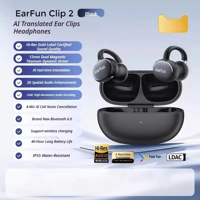 EarFun Clip 2 무선 이어폰 블루투스 이어훅 2 MIC AI ENC LDAC 지향성 사운드 전송 이어버드 안정화 헤드폰
