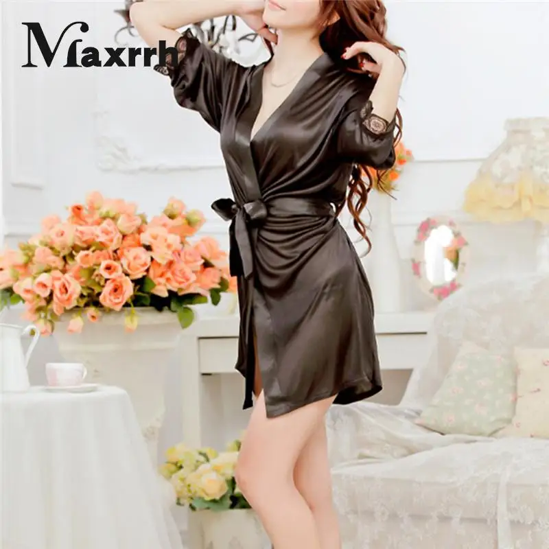 Night Robe Sleepwear Dress Nightdress Sexy Homewear Women V Neck Three Quarter Length Sleeve Satin Robe Black/Rose/White