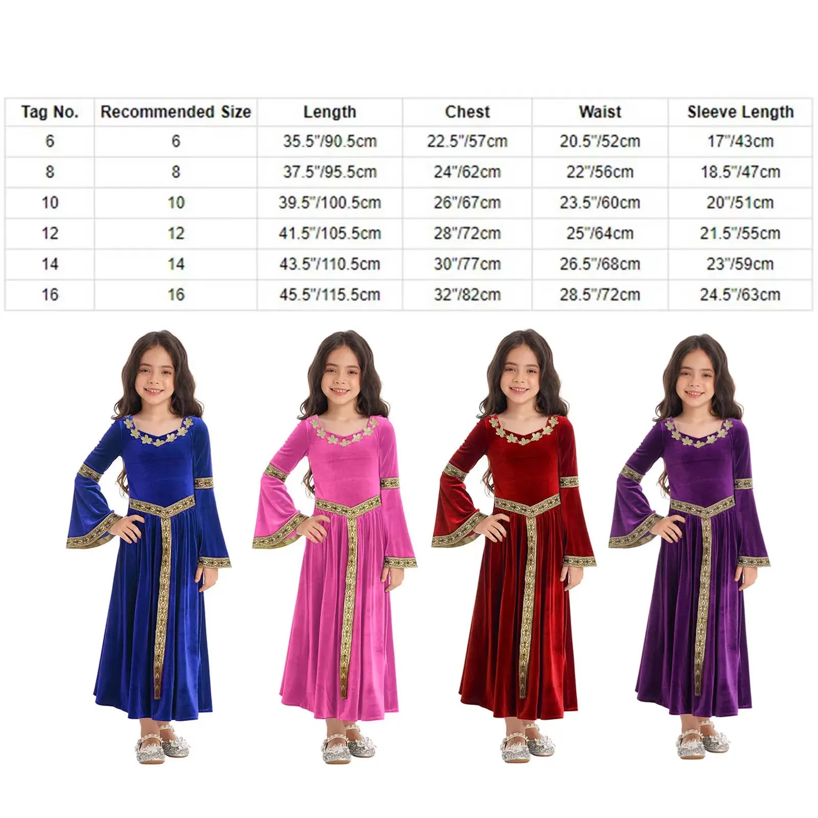 Bambini ragazze manica lunga vittoriano medievale abito lungo velluto palazzo regina principessa Halloween Costume Cosplay