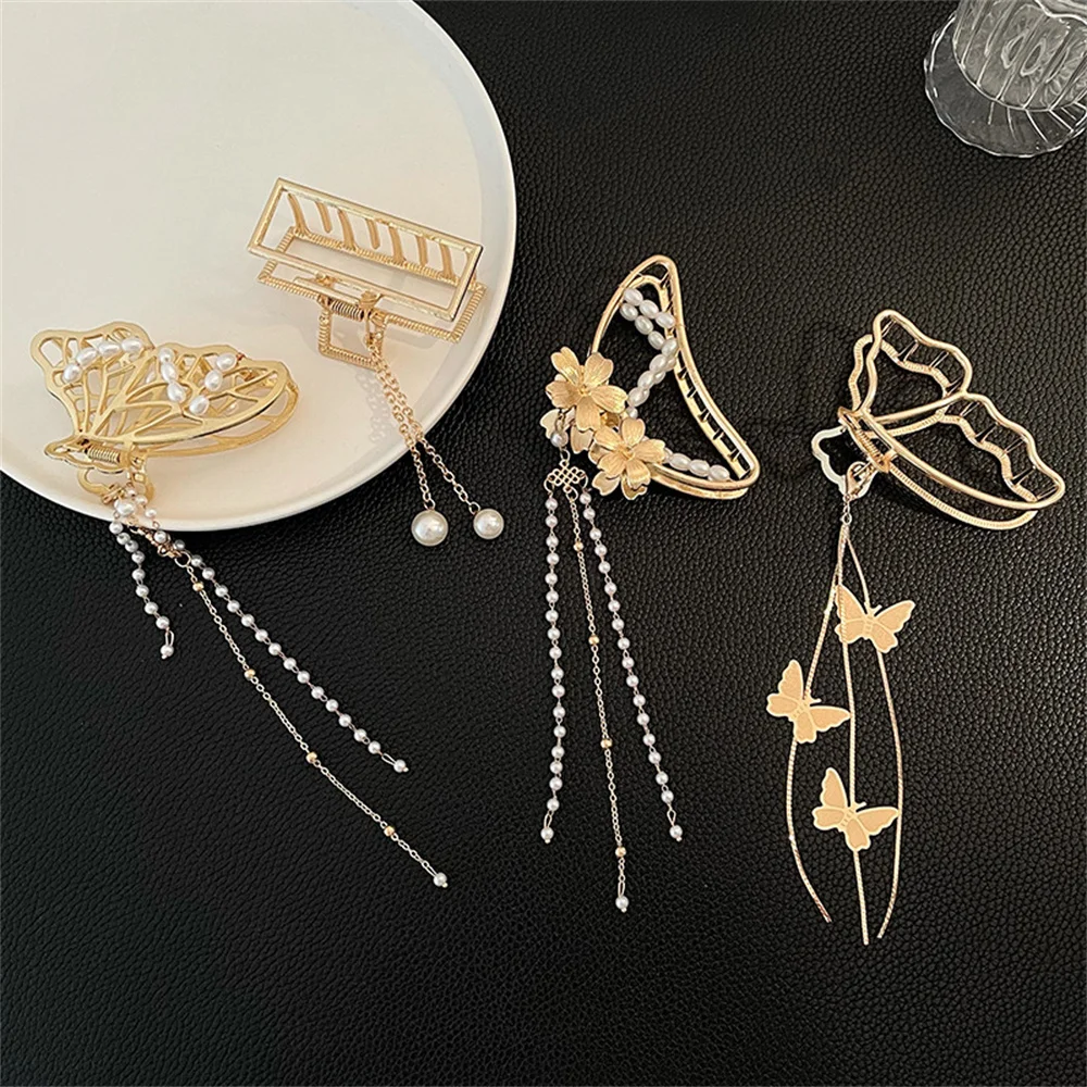 Hollow Out Butterfly Metal Hair Claw Pearl Tassel Hairpins For Women Girl Vintage Geometric Hair Clip Jewelry Hair Accessories