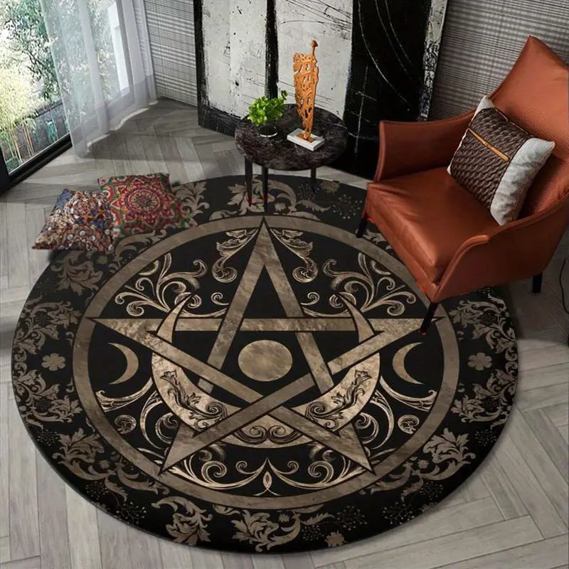 VIKAMA Black Gold Pentagram Star Moon Phase Circular Carpet, French Bedroom Light Luxury Floor Mat, Mystic Living Room Decor