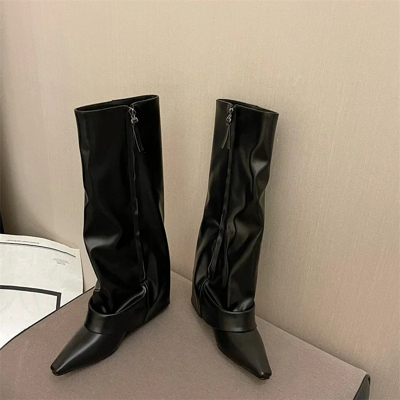 

Women's Boots Straight Barrel Pointed Knight Boots Europe and America Small Crowd Slope Heel Long Boots Thin Trouser Boots