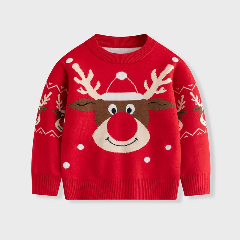 

New Kids Cute Cartoon Elk Jacquard Christmas Warm Knitted Crew Neck Sweater Knitwear Baby Boys Girls Autumn Winter Xmas Sweaters