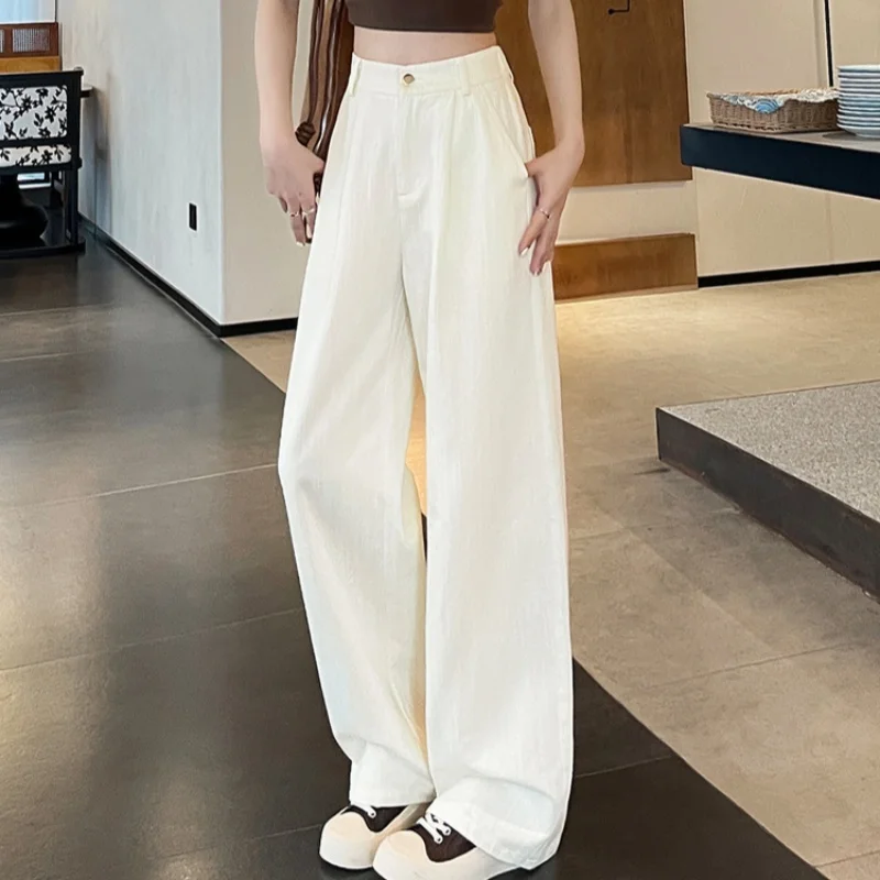 High Waist Blue Striped Suit Women's Wide Leg Pants Single Button Elegant Straight Loose Full Length Trousers Female 2025 New