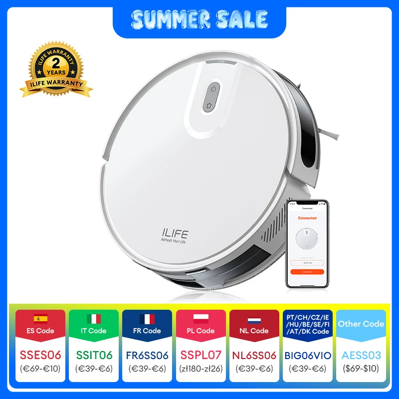 Aspirateur robot ILIFE V20, aspiration 5000Pa, navigation intelligente SOF LiDAR, contrôle par application, nettoyage personnalisable, auto-chargeant