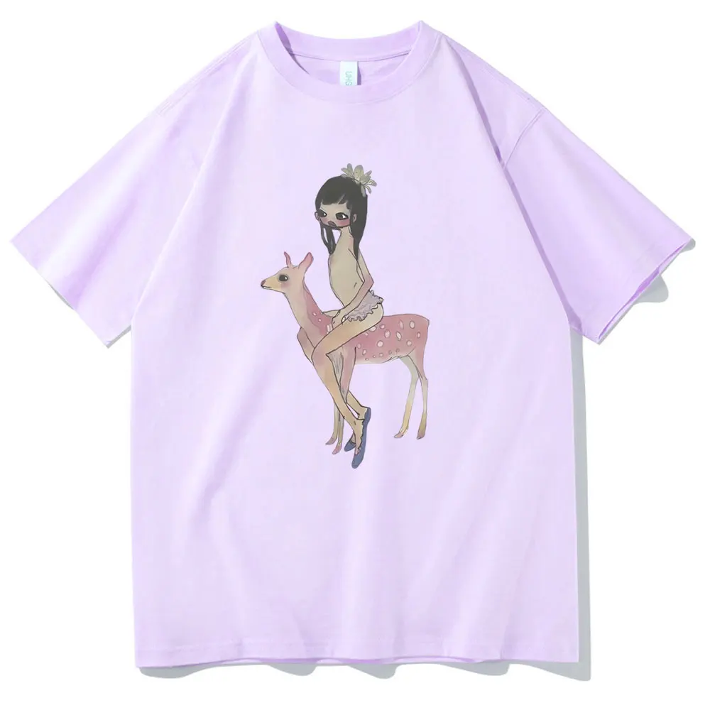 Yoshitomo Nara Aya Takano Grunge Girl Riding Pink Deer Art Baby Graphic T-shirts Men Women Cartoon Funny Tees Oversized Tshirt