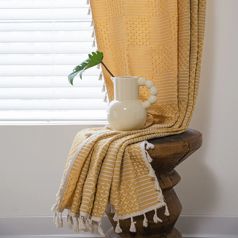 Cotton Linen Rural American Style Plaid Embroider Window Curtain with Tassels Blackout Valance Living Room Bedroom Curtain