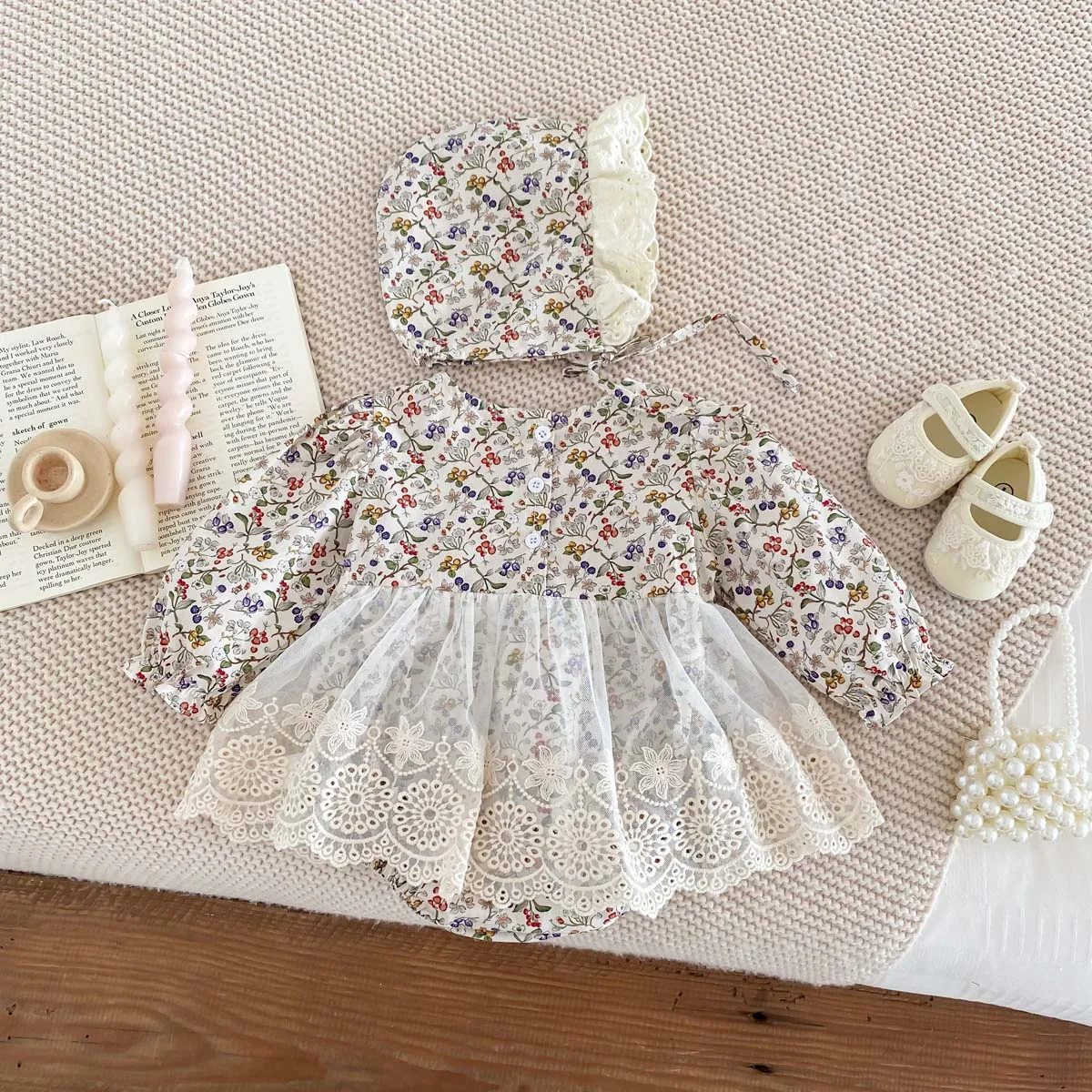 Newborn Girl Romper  Lace Cut Out Floral Dress   Long Sleeved+ Hat Baby Girl Bodysuit Baby Clothes 0-24 Months