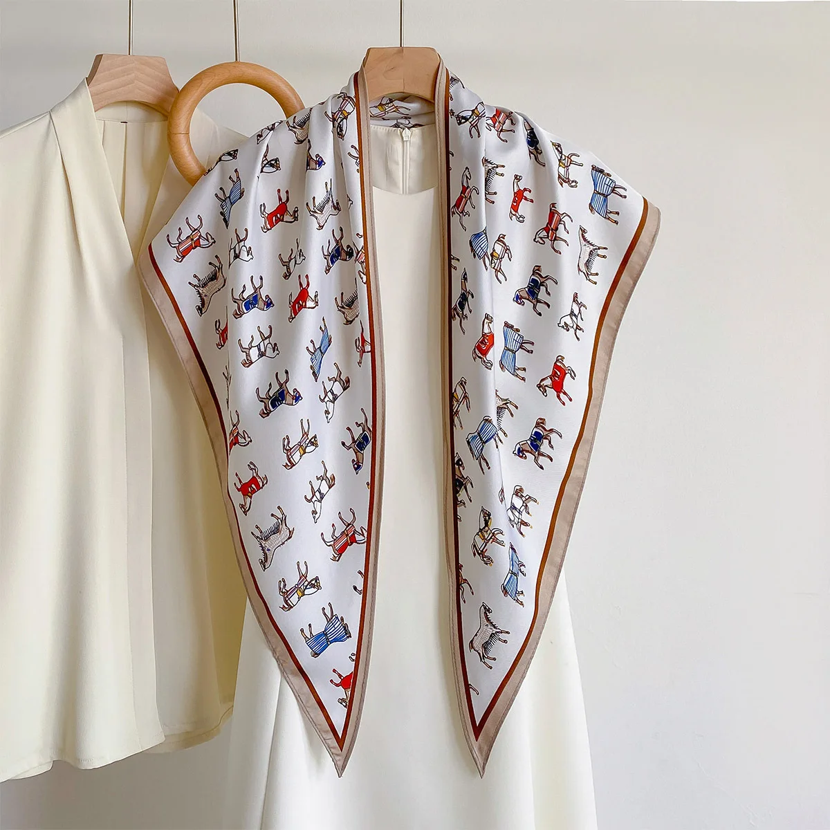 Soft New Satin Triangle Scarf Lovely Horse Print Multi Functional Ladies Neck Kerchief Fashion Foulard Head Wrap Bandana Shawl