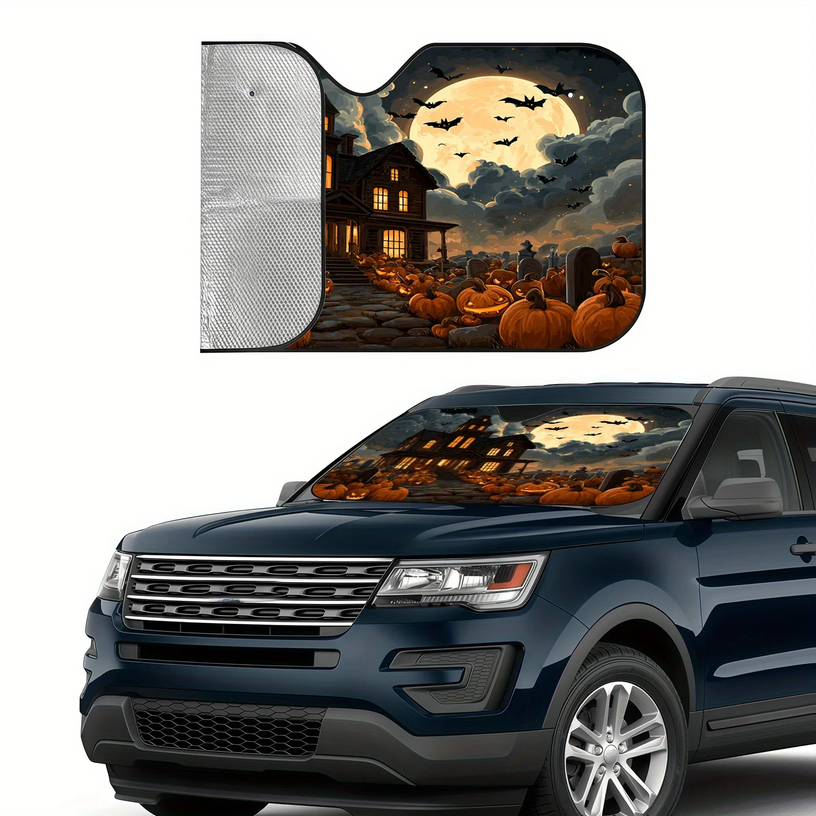 Halloween Pumpkin Car Sunshade, Festive Themed Design, Heat Insulation And Reduction, Regulates Car Interior Temperature, Inclu