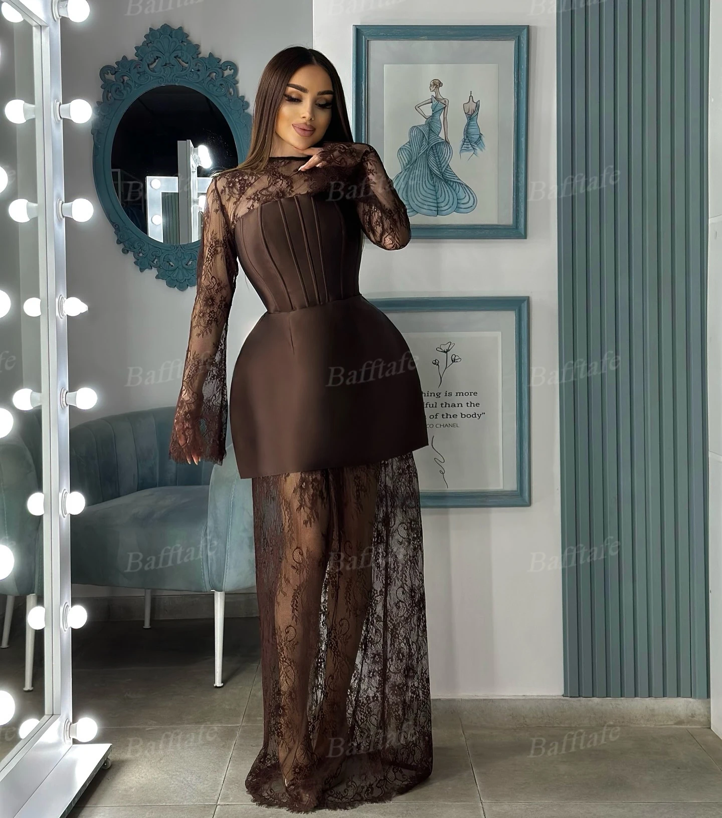 Bafftafe Customized Brown A Line Evening Dresses Lace Long Sleeves Women's Formal Prom Dress Wedding Party Engagement Gowns 2026 image 3