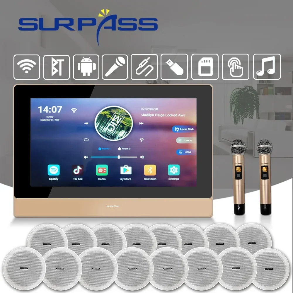 Smart Audio System Home Android 8.1 WiFi Wall Amplifier Consoles Touch Screen Ceiling Speakers with Microphone Kit for Karaoke