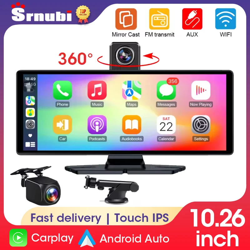 10.26 Inch 4K Dash Cam Carplay Android Auto GPS WIFI FM BT Car Dvr 350° Rotation Dual Lens Dashcam Truck Camera Drive Recorder