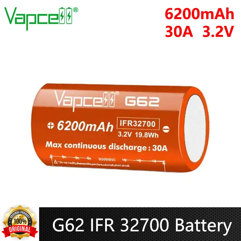 Original Vapcell G62 IFR 32700 Battery 6200mAh Capacity CDR 30A Max 55A 3.2V Lifepo4 Battery For DIY Battery Pack Flashlight