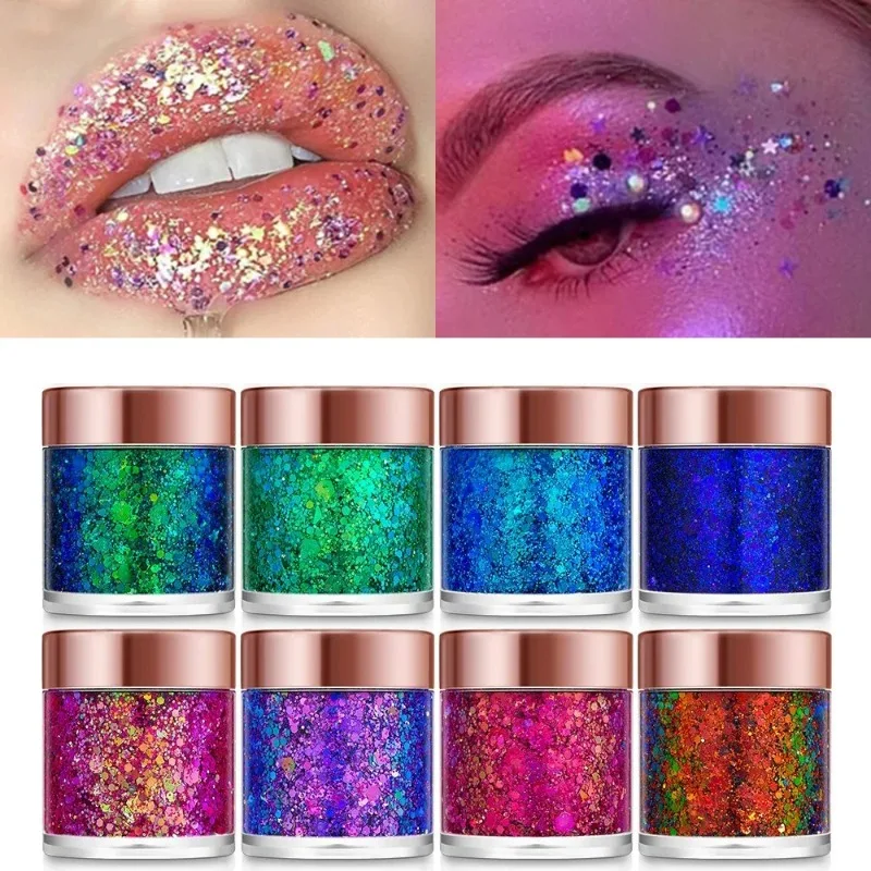 Pailletten-Körper-Glitzer-Gel, langlebiger Glitzer für Körper, Gesicht, Haare, Chamäleon, Lidschatten, Pailletten, Creme, Diamant-Make-up, Party, Festival