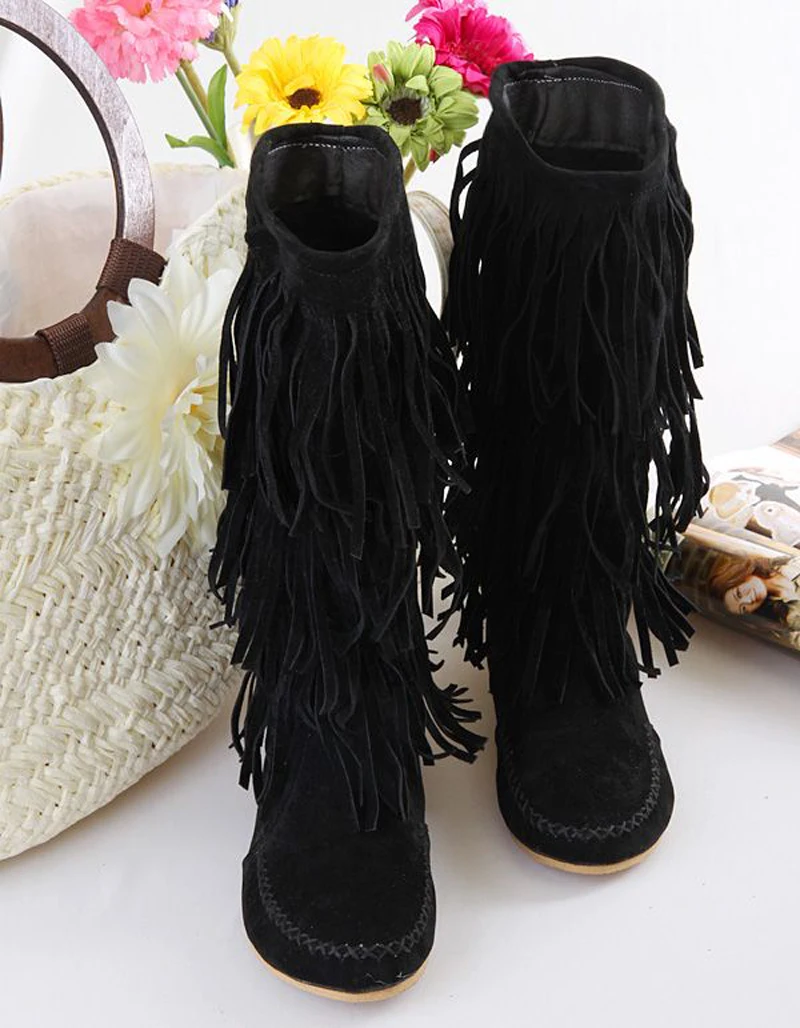 AIYKAZYSDL Faux Suede Fringe Tassel Moccassin Mid-calf Knight Boots Casual Flat Heel Shoes Bohemia Dress Booties Cowboy Shoes