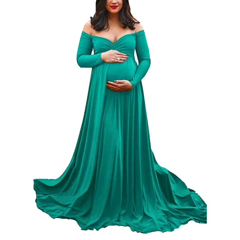 Ropa de fotografía para mujer embarazada, vestidos de maternidad sin hombros, cuello en V, cola grande, columpio, Baby Shower