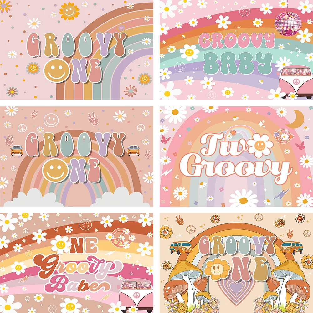 

Avezano Groovy One Birthday Backdrop Cute Rainbow Car Bus Daisy Floral Baby Shower Party Decor Banner Photography Background