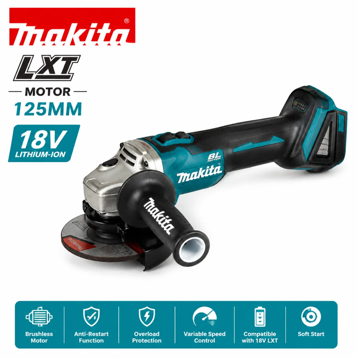 For 18V Battery 125mm High Power Brushless Cordless Angle Grinder Makita DGA404 Rechargeable Cutting Polishing Grinding Machine