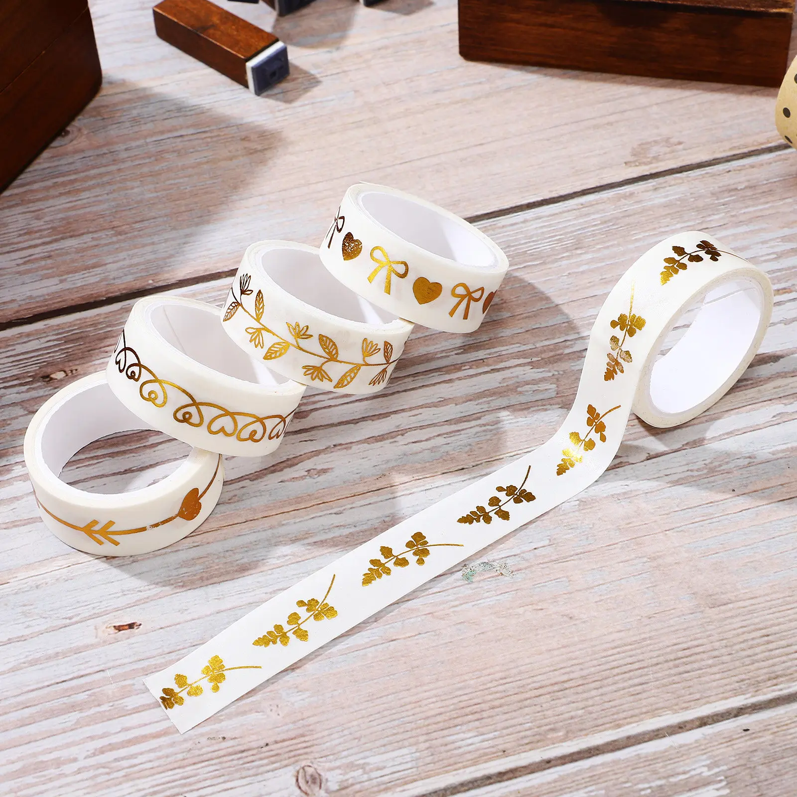 

5 Rolls Premium Paper Bronzing Decorative Tape Easy Peel Stick Remove Washi Tape for Scrapbooking Journaling DIY Craft Gift