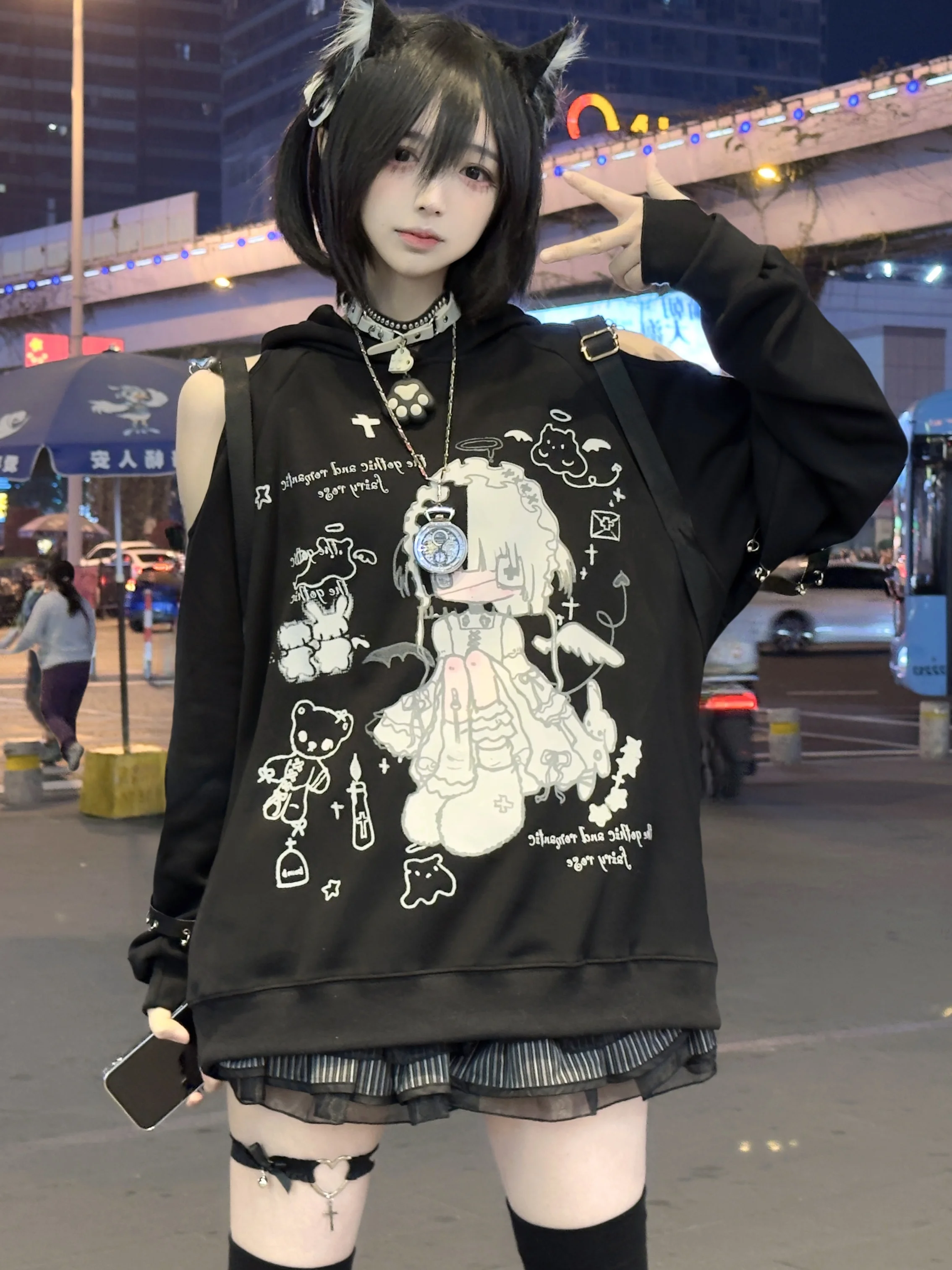 Original Japanese Subculture Black Off-the-shoulder Hooded Hoodies Autumn New 2025 Girl's Anime Print Kawaii Tops Y2k Pullover
