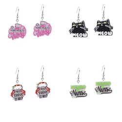 Pendientes acrílicos con purpurina para mujer, aretes con forma de rana, sombrero de Navidad, espalda plana, negro, enfermera, Gato Meow, joyería colgante