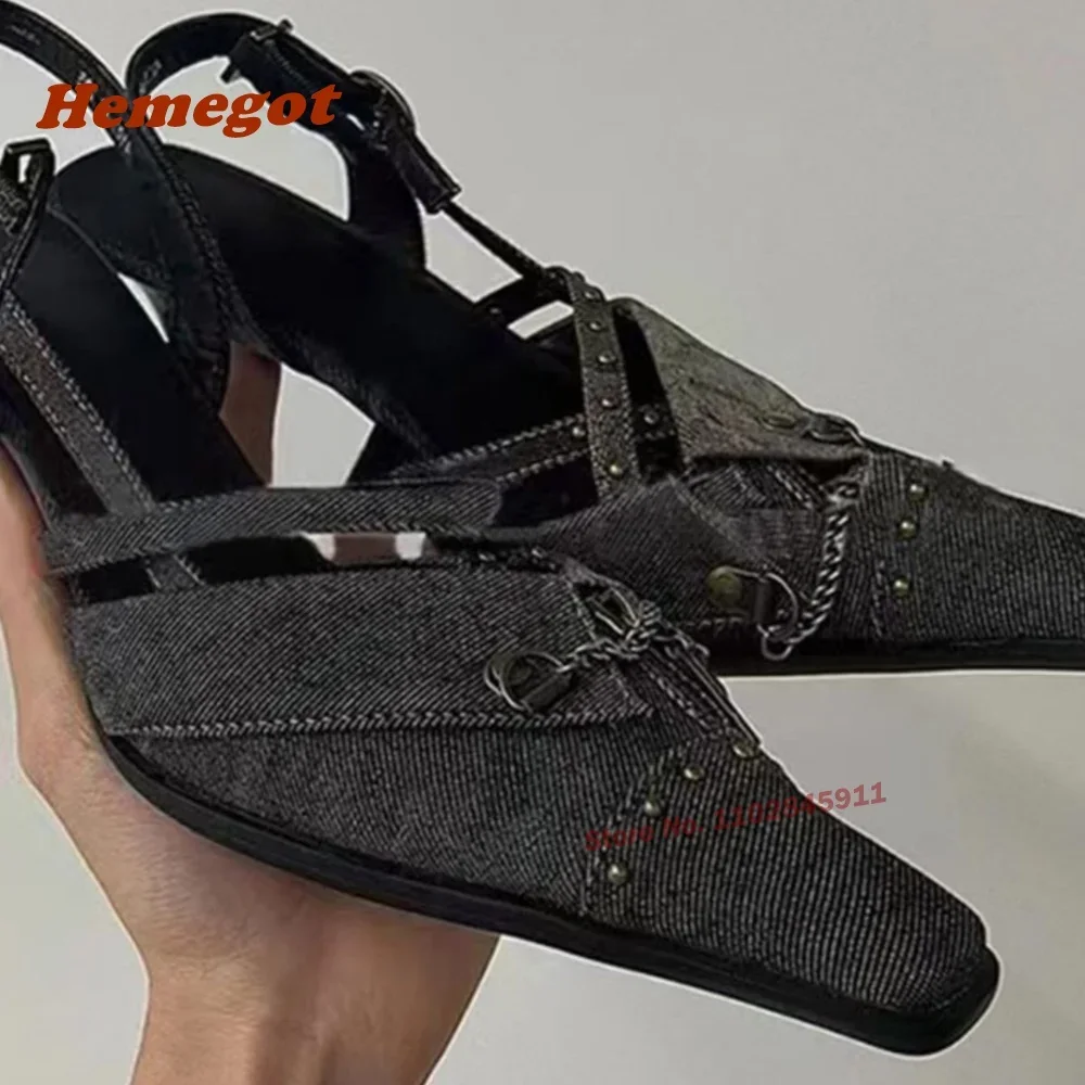 مضخات مرصعة بالأمام مربعة للنساء ، كعب الدنيم الصغير ، مشبك السلسلة ، الصليب الرجعية ، أحذية المدرج الأنيقة ، الأحدث ، الصيف ، Y2K #3